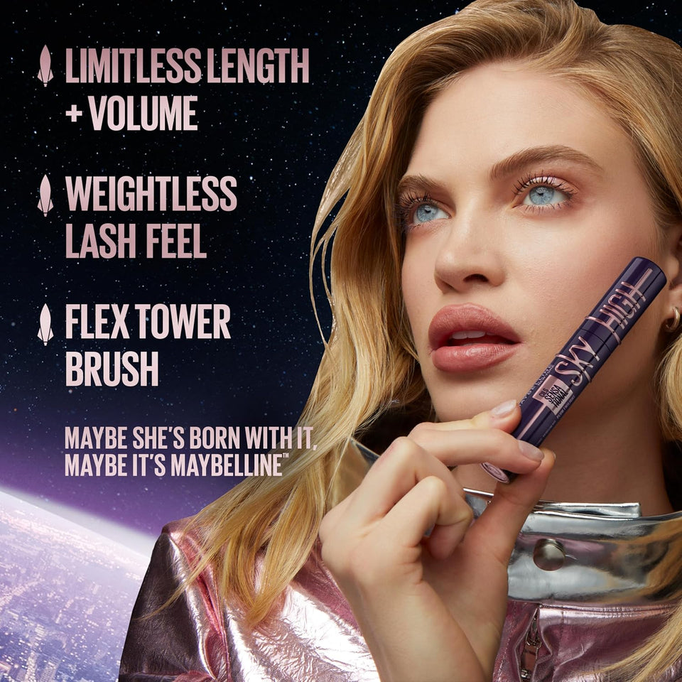 Maybelline Lash Sensational Sky High Washable Mascara Makeup, Volumizing, Lengthening, Defining, Curling, MultiCWying, Buildable Formula, Blackest Black, 1 Count