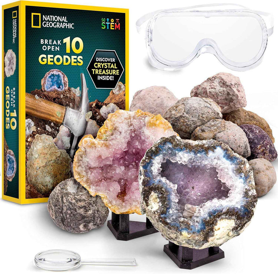 National Geographic 10 Premium Geodes STEM Kit with Goggles, Display Stands, and Learning Guide