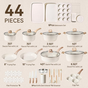 CAROTE 44pcs Pots and Pan Set Nonstick, Cookware Sets, Cooking Set Non Stick, Induction Cook Ware with Bakeware Set, Kitchen Knife Set