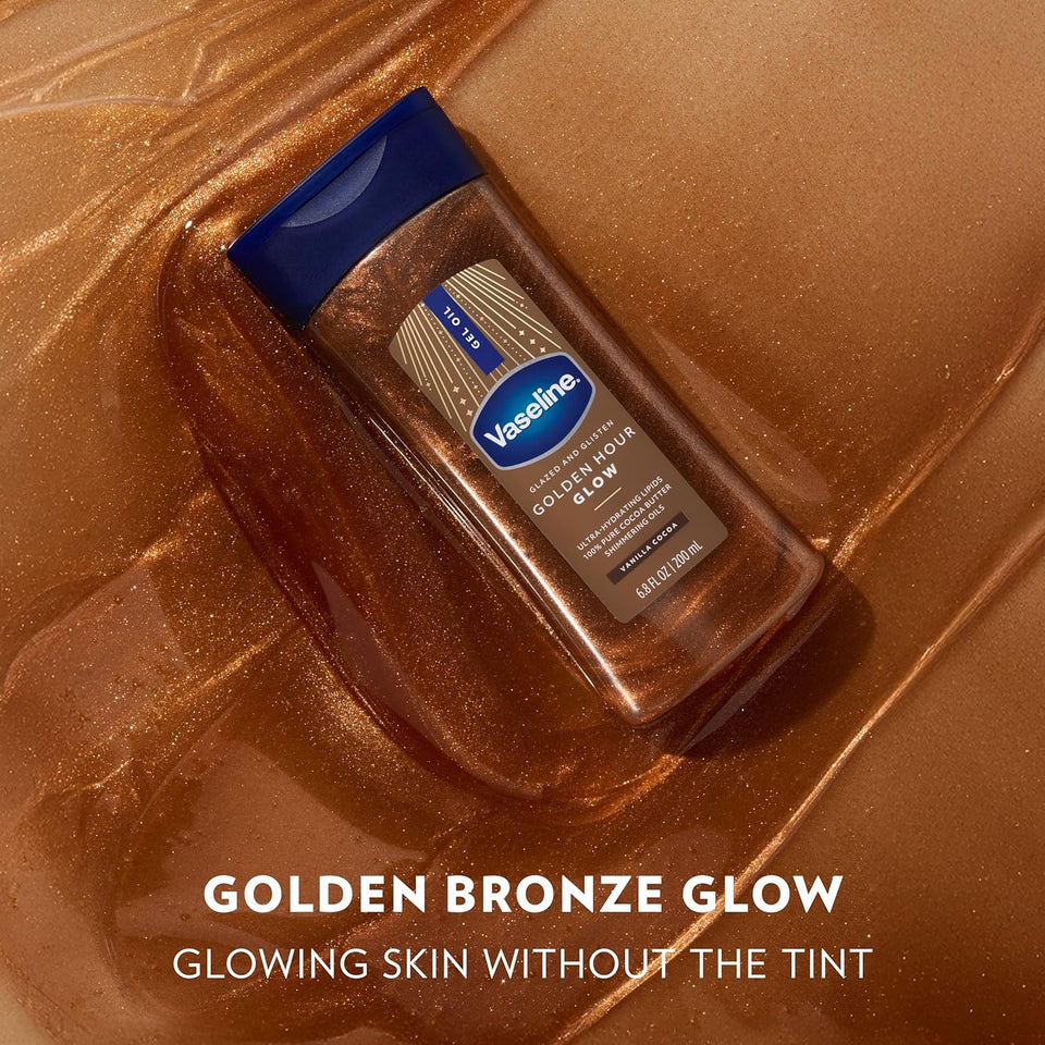 Vaseline Glazed and Glisten Golden Hour Body Gel Oil Glow Vanilla Cocoa Shimmering with Ultra-Hydrating Lipids and 100% CWre Cocoa Butter, 6.8 Oz