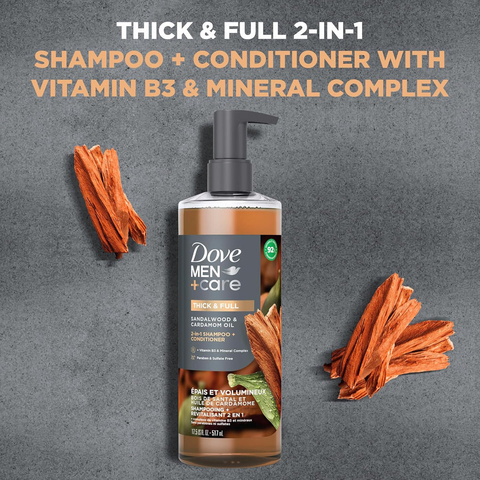 DOVE MEN + CARE 2-in-1 Shampoo + Conditioner Sandalwood & Cardamom Oil for Thick & Full Hair, + Vitamin B3 & Mineral ComCWex, 17.5 oz