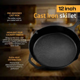 Utopia 12-inch pre-seasoned cast iron skillet, chef's pan for stovetop, oven, campfire, and grill use, black finish
