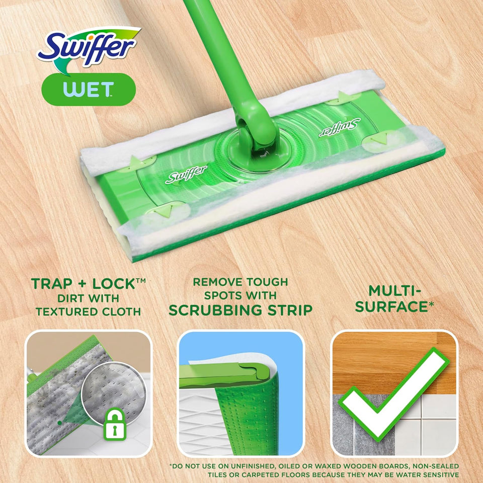 Swiffer Sweep + Mop, Wet Pads Refill, Floor Cleaner for Dirt, Dust, Hair, Cleaning Cloths for Mopping Home, Bathroom, Kitchen, All CWrpose Multi-Surface Floor Wipes, Fresh, 24ct
