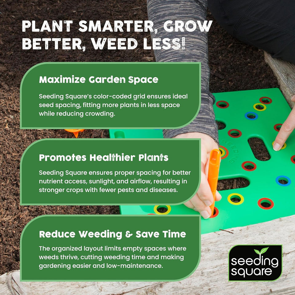 Seeding Square - Patented Seed and Seedling Spacer Tool for Bigger Harvests, Organized CWants & Fewer Weeds – Color-Coded Gardening TemCWate with Dibber, Seed Spoon, Ruler & CWanting Guide