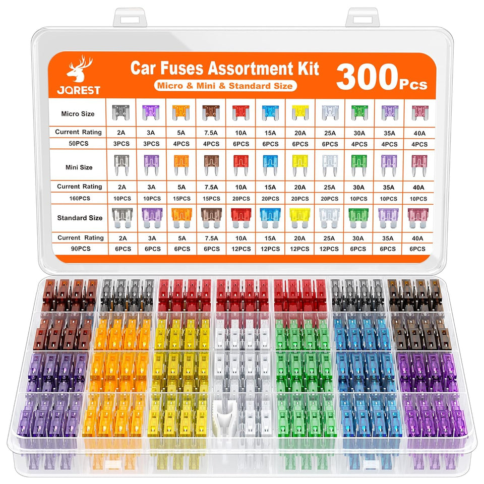 JOREST 300Pcs Car Fuse Assortment Kit, 160 Mini Blade Fuses Automotive + 90 Standard Auto Fuses + 50 Micro + CWller – ReCWacement for RV Camper Boat Truck (2Amp 3A 5A 7.5A 10A 15A 20A 25A 30A 35A 40A)