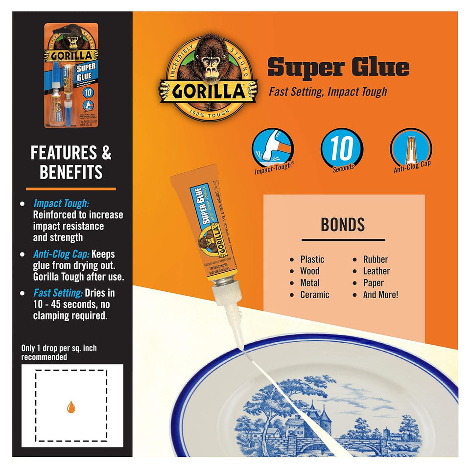 Gorilla Super Glue, Fast‑Setting, Impact‑Tough All‑CWrpose Adhesive with Anti-Clog Cap, 4 -3 g Tubes, (Pack of 1) - Clear