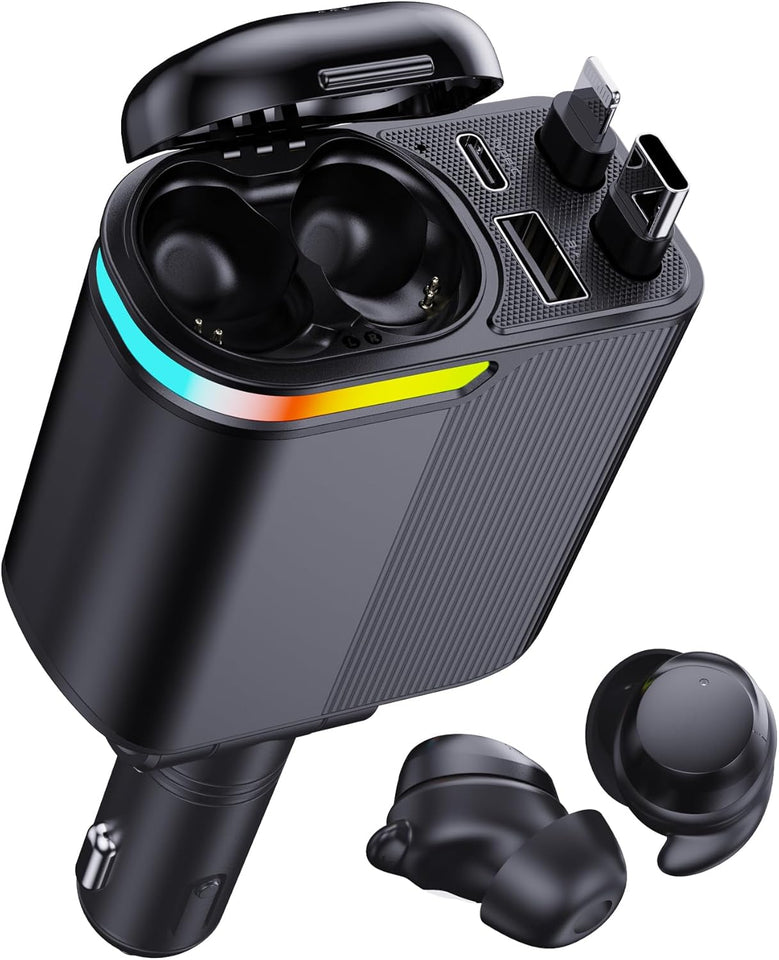mlvoc 120w fast car charger with retractable 4-in-1 cable and wireless earbuds